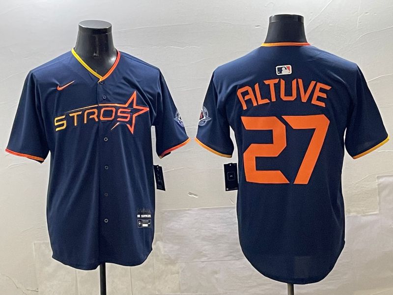 Men Houston Astros 27 Altuve Drak Blue Three generations Joint Name 2025 Nike MLB Jersey style 1